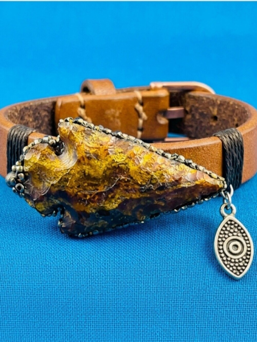 Fashion Jewelry Brown Leather ? Bracelet with Faux Amber-Tone Arrowhead Men's